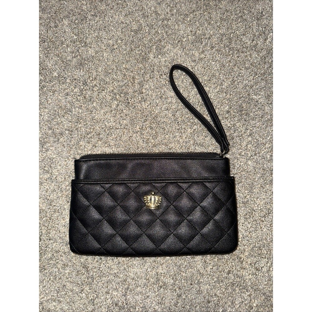 Y2K Juicy couture wristlet 8.5x5.5” Quilted Black Gold Crown Accent Faux Leather